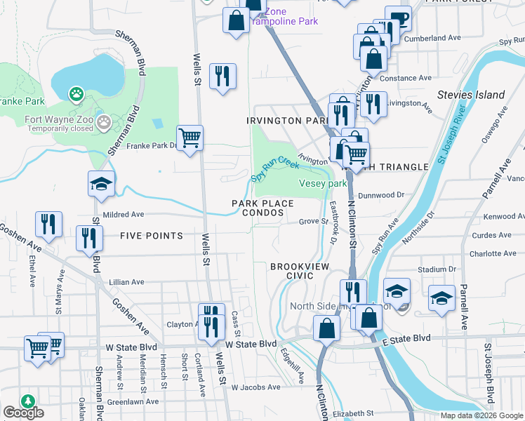 map of restaurants, bars, coffee shops, grocery stores, and more near 2937 Westbrook Drive in Fort Wayne