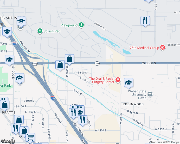 map of restaurants, bars, coffee shops, grocery stores, and more near 720 South 1650 East in Clearfield