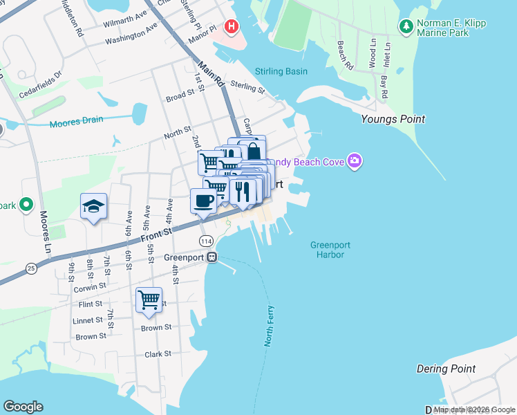map of restaurants, bars, coffee shops, grocery stores, and more near 38 Front Street in Greenport