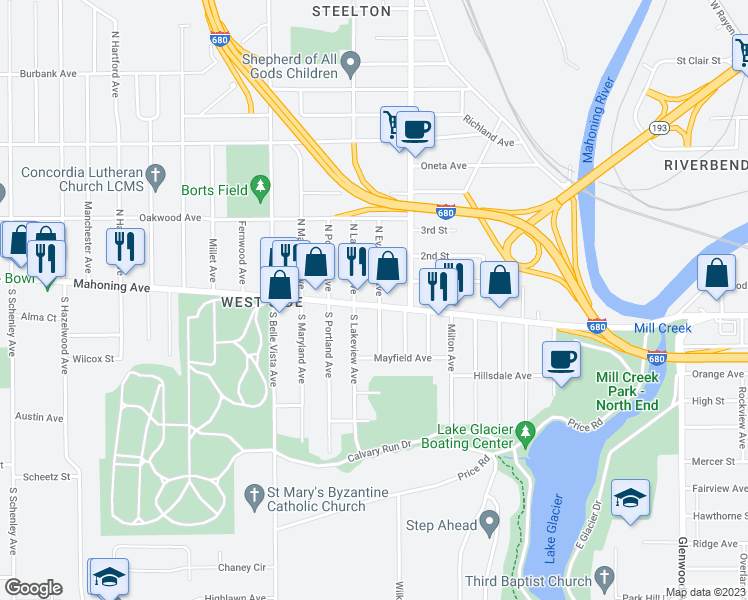 map of restaurants, bars, coffee shops, grocery stores, and more near 1678 Mahoning Avenue in Youngstown