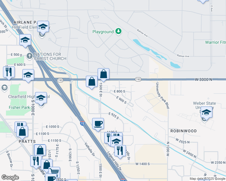 map of restaurants, bars, coffee shops, grocery stores, and more near 1560 East 800 South in Clearfield