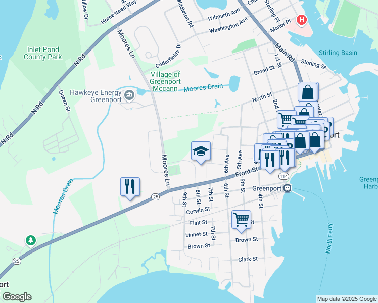 map of restaurants, bars, coffee shops, grocery stores, and more near 75955 New York State Route 25 in Greenport