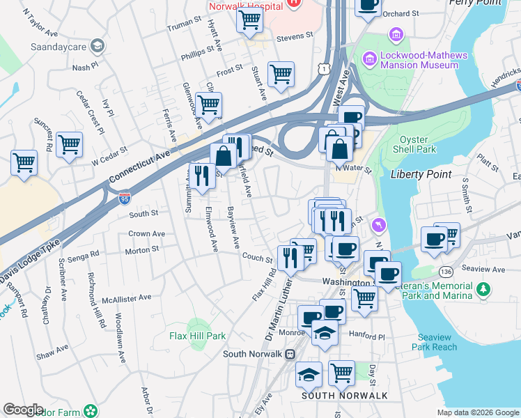 map of restaurants, bars, coffee shops, grocery stores, and more near 1 Garfield Street in Norwalk