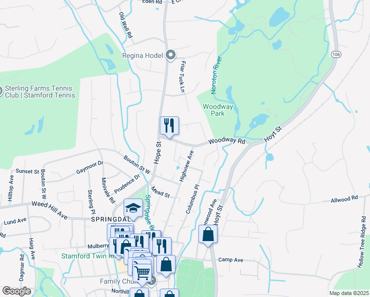map of restaurants, bars, coffee shops, grocery stores, and more near 49 Woodway Road in Stamford
