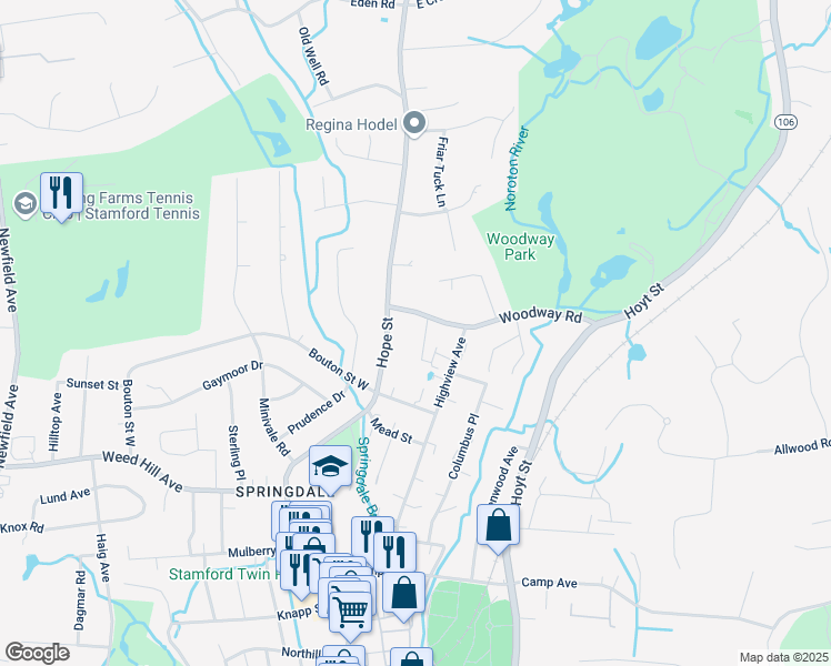 map of restaurants, bars, coffee shops, grocery stores, and more near 19 Woodway Road in Stamford