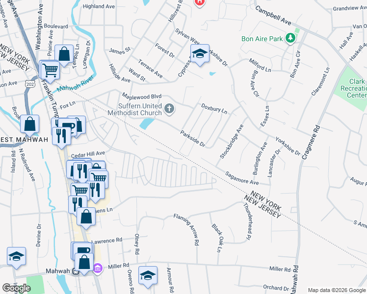 map of restaurants, bars, coffee shops, grocery stores, and more near 65 Parkside Drive in Suffern