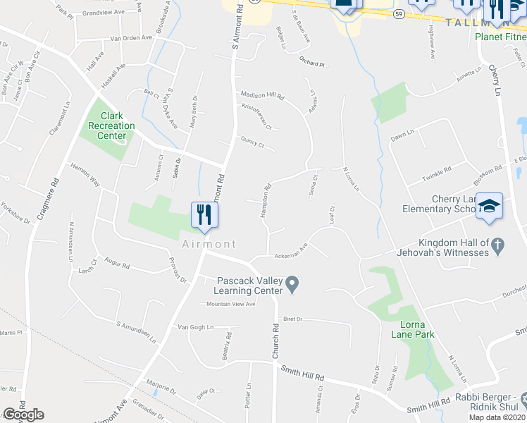 map of restaurants, bars, coffee shops, grocery stores, and more near 11 Hampton Road in Airmont