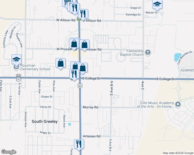 map of restaurants, bars, coffee shops, grocery stores, and more near 318 East College Drive in Cheyenne