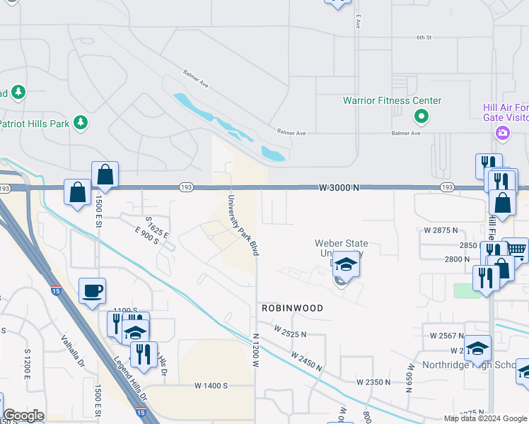 map of restaurants, bars, coffee shops, grocery stores, and more near 2955 1150 West in Layton