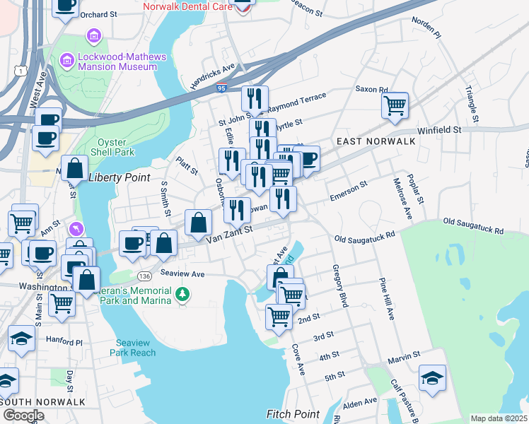 map of restaurants, bars, coffee shops, grocery stores, and more near 230 East Avenue in Norwalk