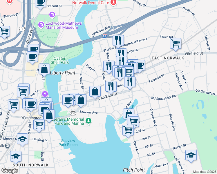 map of restaurants, bars, coffee shops, grocery stores, and more near 40 Osborne Avenue in Norwalk