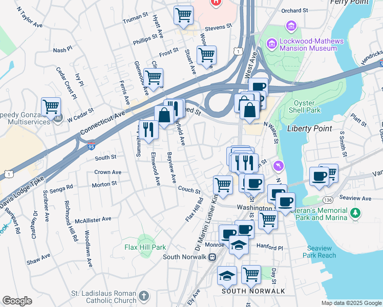 map of restaurants, bars, coffee shops, grocery stores, and more near 1 Garfield Street in Norwalk