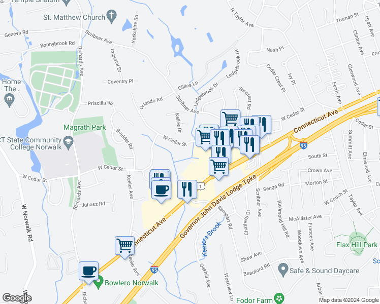 map of restaurants, bars, coffee shops, grocery stores, and more near 267 West Cedar Street in Norwalk