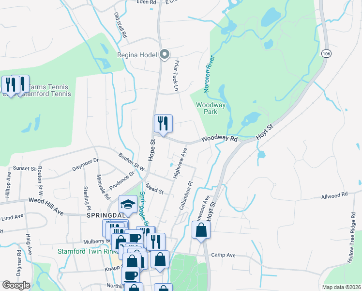 map of restaurants, bars, coffee shops, grocery stores, and more near 60 Woodway Road in Stamford