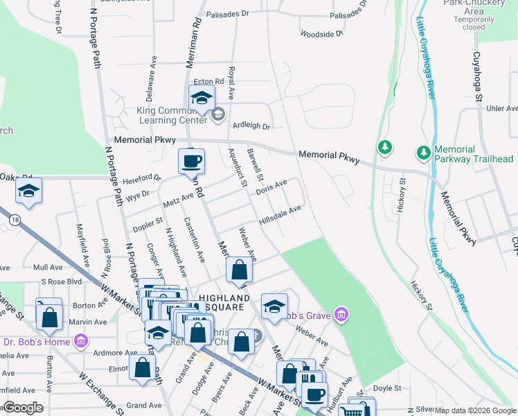 map of restaurants, bars, coffee shops, grocery stores, and more near 493 Aqueduct Street in Akron