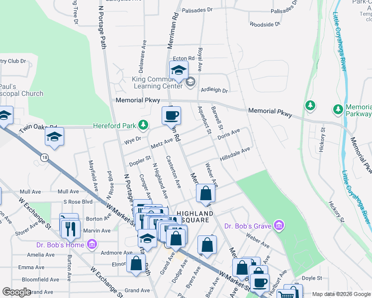 map of restaurants, bars, coffee shops, grocery stores, and more near 395 Merriman Road in Akron