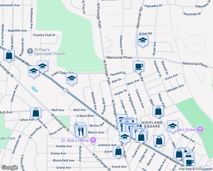 map of restaurants, bars, coffee shops, grocery stores, and more near 208 North Portage Path in Akron