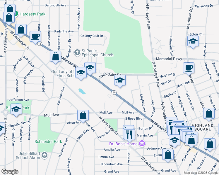 map of restaurants, bars, coffee shops, grocery stores, and more near 1215 West Market Street in Akron