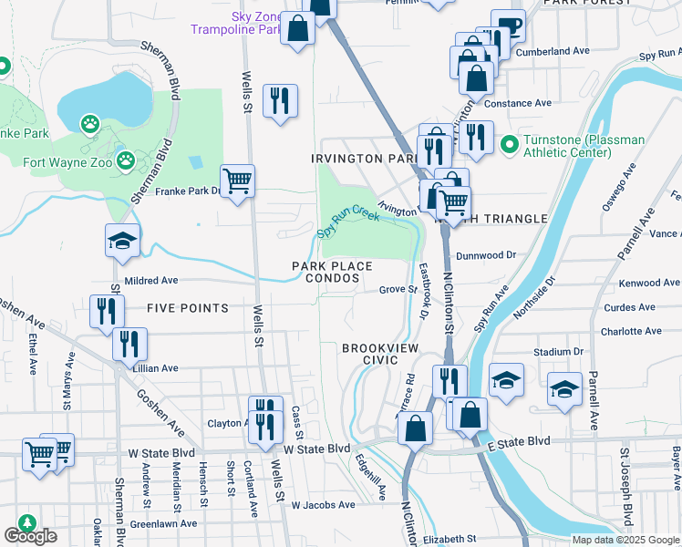map of restaurants, bars, coffee shops, grocery stores, and more near 100 Young Drive in Fort Wayne