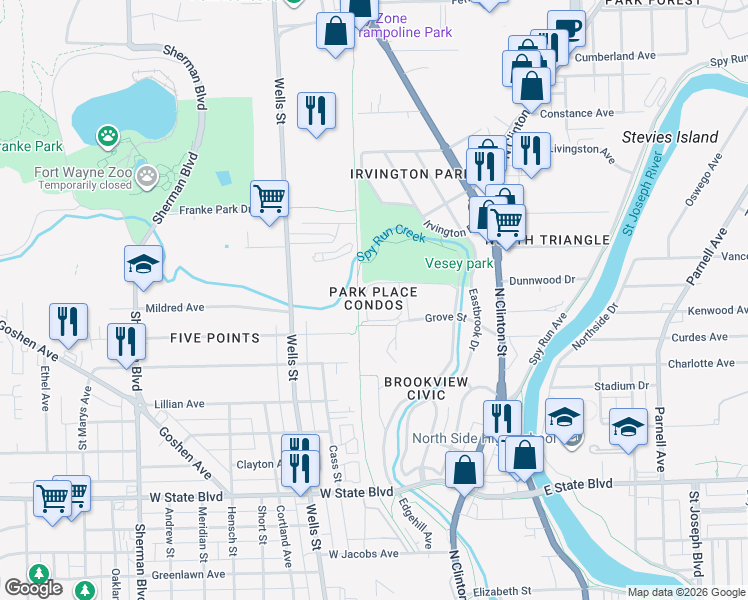 map of restaurants, bars, coffee shops, grocery stores, and more near 100 Young Drive in Fort Wayne