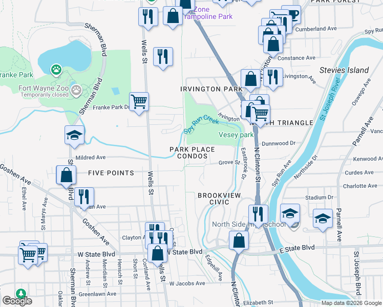map of restaurants, bars, coffee shops, grocery stores, and more near 2939 Young Drive in Fort Wayne