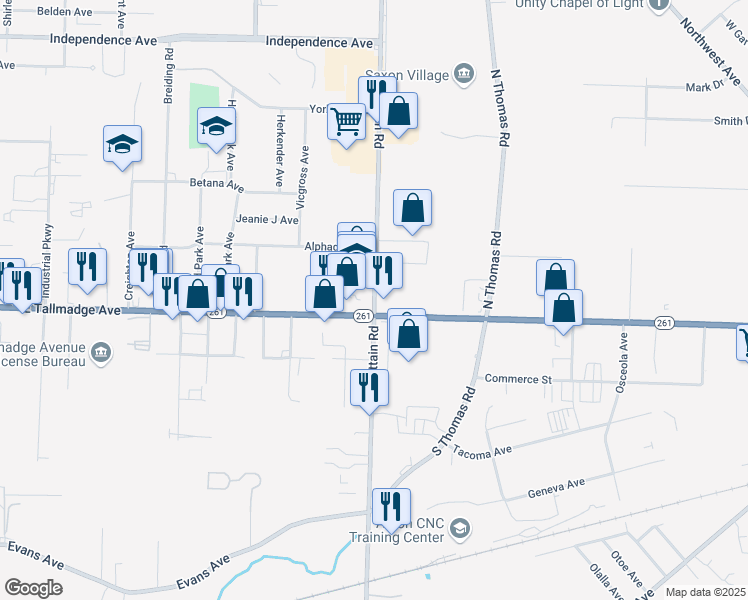 map of restaurants, bars, coffee shops, grocery stores, and more near 1458 Brittain Road in Akron