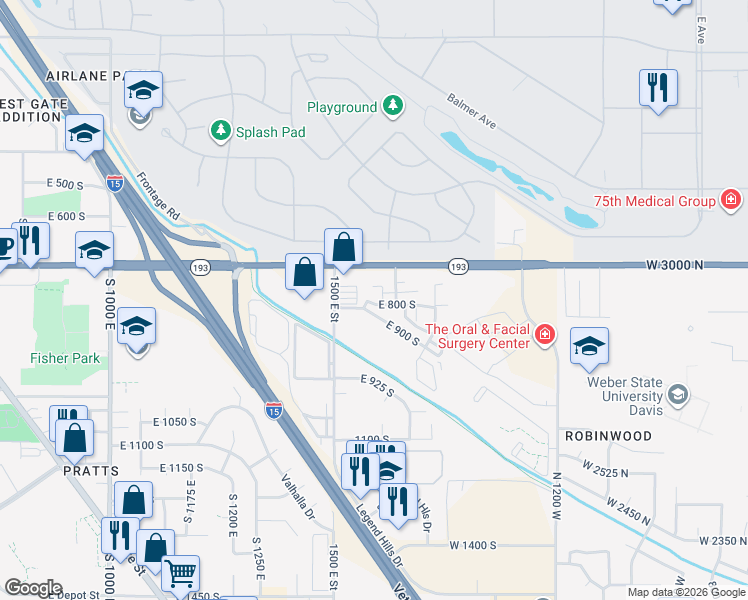 map of restaurants, bars, coffee shops, grocery stores, and more near 1560 East 800 South in Clearfield