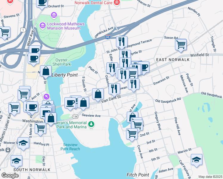 map of restaurants, bars, coffee shops, grocery stores, and more near 40 Osborne Avenue in Norwalk