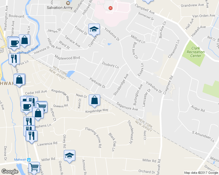 map of restaurants, bars, coffee shops, grocery stores, and more near 220 Parkside Drive in Suffern