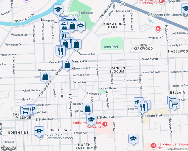 map of restaurants, bars, coffee shops, grocery stores, and more near 2108 Kenwood Avenue in Fort Wayne