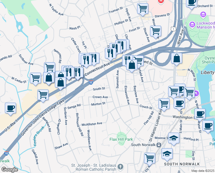 map of restaurants, bars, coffee shops, grocery stores, and more near 90 Taylor Avenue in Norwalk