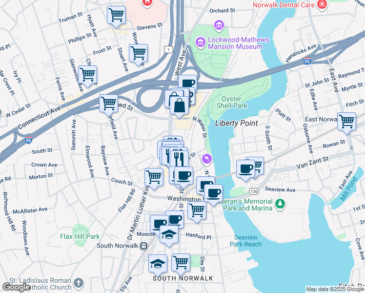 map of restaurants, bars, coffee shops, grocery stores, and more near 6 Putnam Avenue in Norwalk