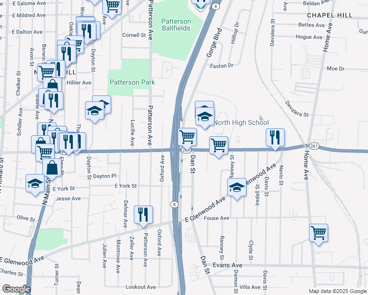 map of restaurants, bars, coffee shops, grocery stores, and more near in Akron