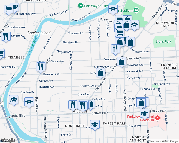 map of restaurants, bars, coffee shops, grocery stores, and more near 1321 Kenwood Avenue in Fort Wayne