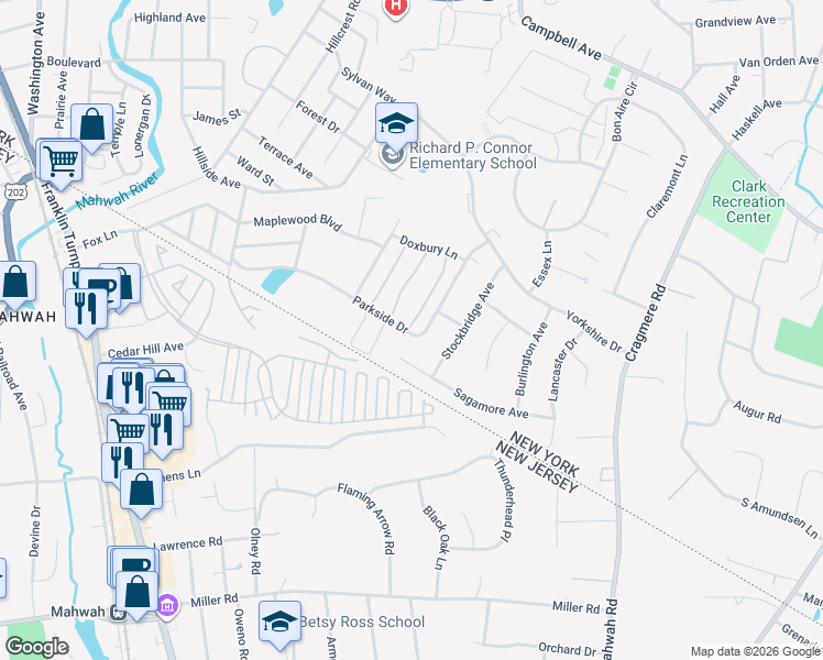 map of restaurants, bars, coffee shops, grocery stores, and more near 94 Parkside Drive in Suffern