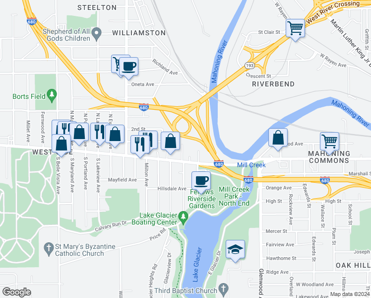 map of restaurants, bars, coffee shops, grocery stores, and more near 27 North Whitney Avenue in Youngstown