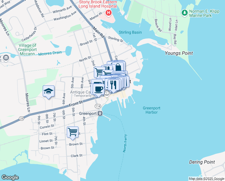 map of restaurants, bars, coffee shops, grocery stores, and more near 38 Front Street in Greenport