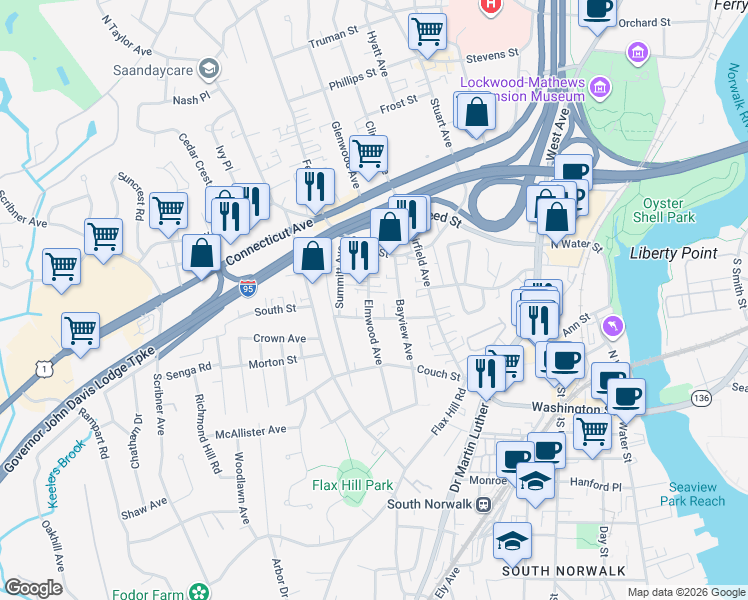 map of restaurants, bars, coffee shops, grocery stores, and more near 22 Elmwood Avenue in Norwalk