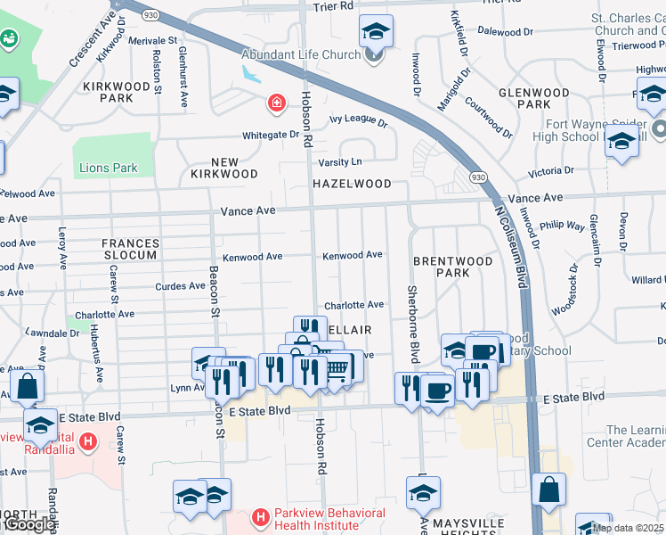 map of restaurants, bars, coffee shops, grocery stores, and more near 2817 White Oak Avenue in Fort Wayne