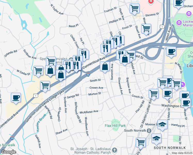 map of restaurants, bars, coffee shops, grocery stores, and more near 13 Church Street in Norwalk