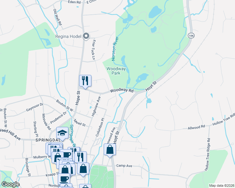 map of restaurants, bars, coffee shops, grocery stores, and more near 118 Woodway Road in Stamford