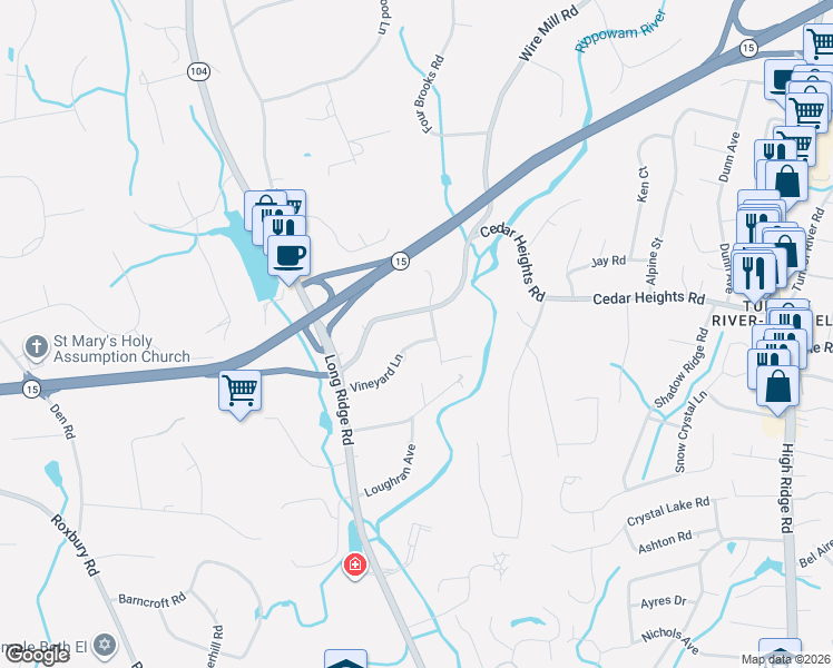 map of restaurants, bars, coffee shops, grocery stores, and more near 3 Wire Mill Road in Stamford
