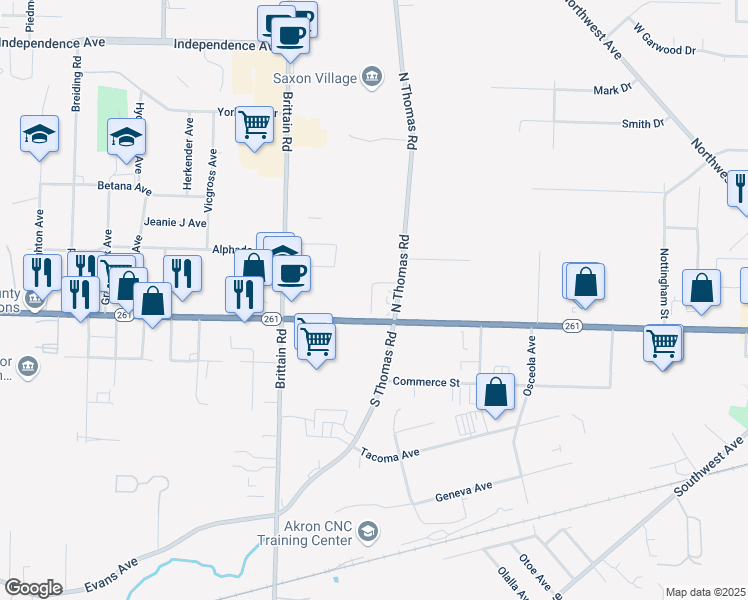 map of restaurants, bars, coffee shops, grocery stores, and more near 53 North Thomas Road in Tallmadge