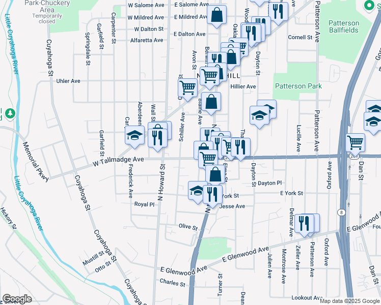 map of restaurants, bars, coffee shops, grocery stores, and more near 655 Schiller Avenue in Akron