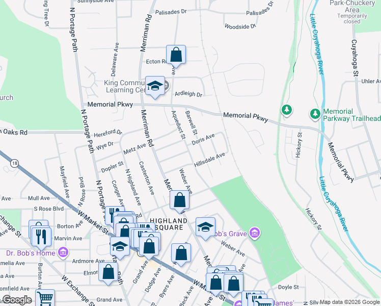 map of restaurants, bars, coffee shops, grocery stores, and more near in Akron