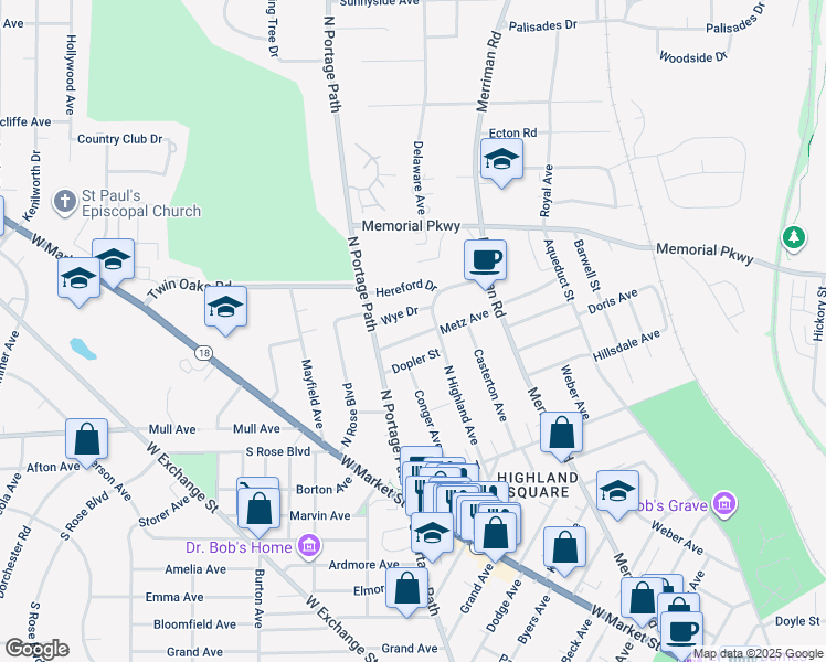 map of restaurants, bars, coffee shops, grocery stores, and more near 969 Wye Drive in Akron