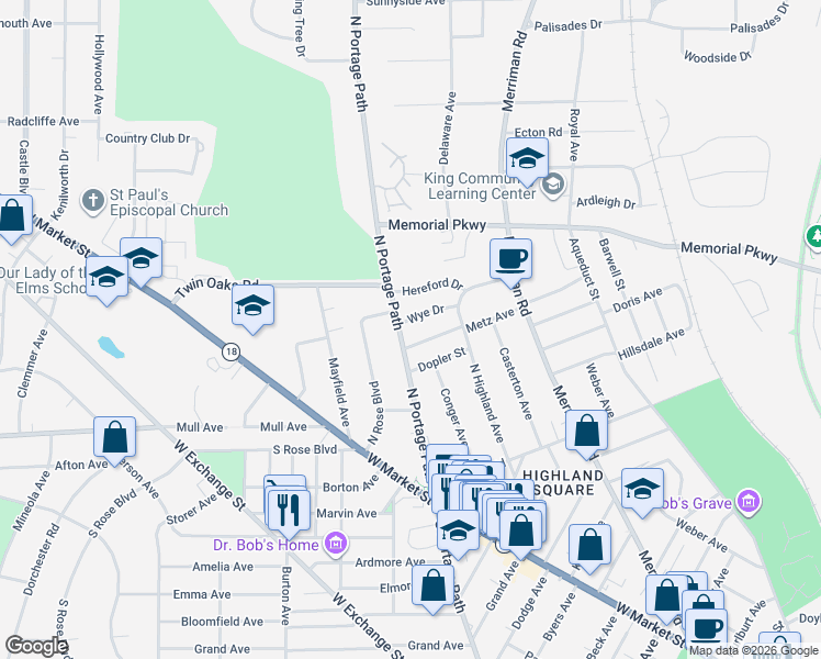 map of restaurants, bars, coffee shops, grocery stores, and more near 969 Wye Drive in Akron