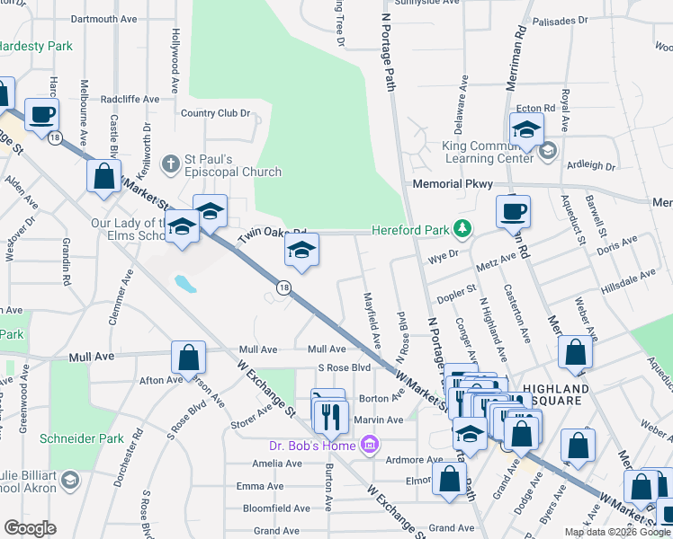 map of restaurants, bars, coffee shops, grocery stores, and more near 140 Mayfield Avenue in Akron