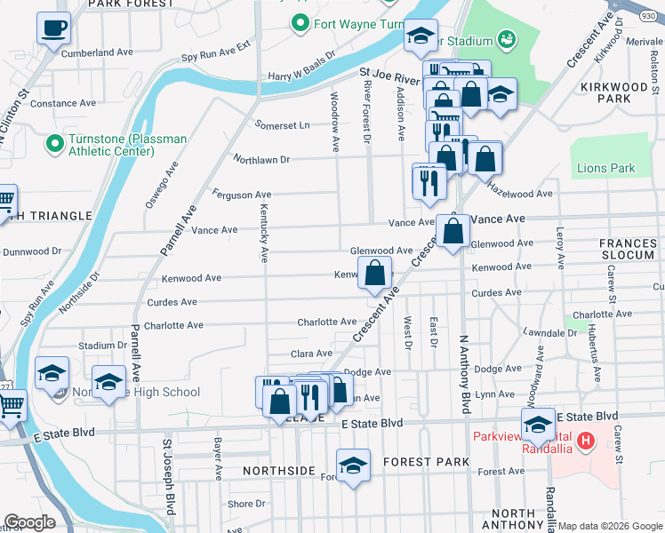 map of restaurants, bars, coffee shops, grocery stores, and more near in Fort Wayne