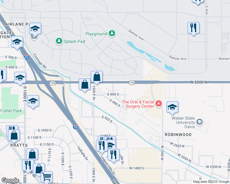 map of restaurants, bars, coffee shops, grocery stores, and more near 755 South 1600 East in Clearfield